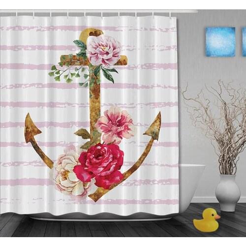 Custom Rolling Dead Pink Rose Anchor Bar Priting Background Shower Curtains Bathroom Shower Curtain With hooks bathroom Curtain