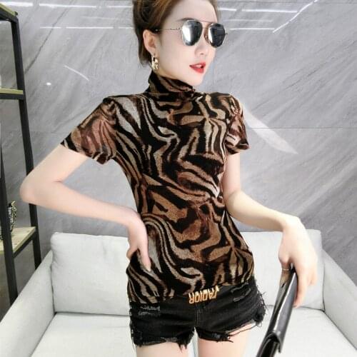 Summer European Clothes Mesh T-Shirt Sexy Turtleneck Women Tops Short Sleeve Casual Slim Bottoming Shirt Tees New 2021