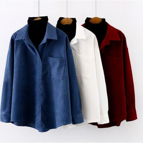 Autumn New Cotton White Shirt Women Vintage Long Sleeve Blouses Women Casual Solid Pocket Loose Office Lady Button Tops 16171