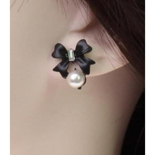 Hot Selling Black Little Bowknot Stud Earrings With Simulated-pearl Cute Studs Female Elegant Earrings Fashion Jewelry for Women