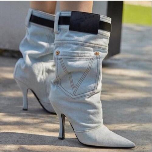 Street Style Woman Fashion Light Blue White Black Denim Jeans Pocket Side Pointed Toe Belt Decor Thin Heel Mid-calf Short Boots