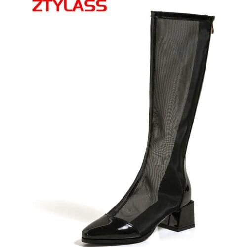 2021 New Summer Sexy Hollow Breathable Mesh Boots Women Knee High Boots Fashion Zipper Chunky Heel Long Boots Black Beige