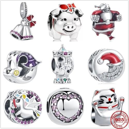 Fit Original Pulseira Pandora Charms Bracelet 925 Sterling Bead Santa Claus Pig Carousel Bells For Women Jewelry Making Berloque