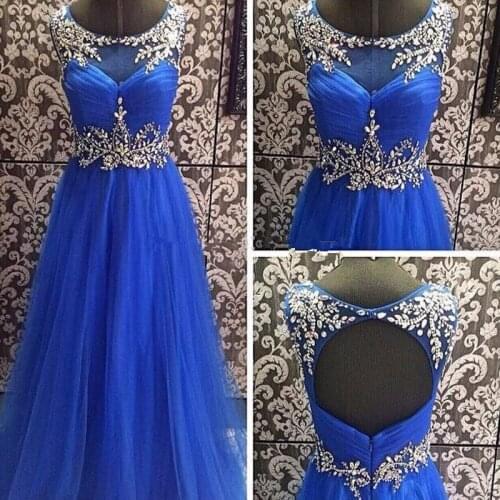 Cap Sleeve Crystal Royal Blue Evening Dress Sexy Open Back Formal Dresses Long Party Dresses Long Elegant Prom Dresses