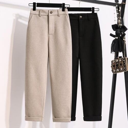 Winter Woolen Warm Thicken Pants Women Button Zipper Hemmed Suit Pencil Pants Plus Size 5XL Office Ladies Boots Pants Trousers