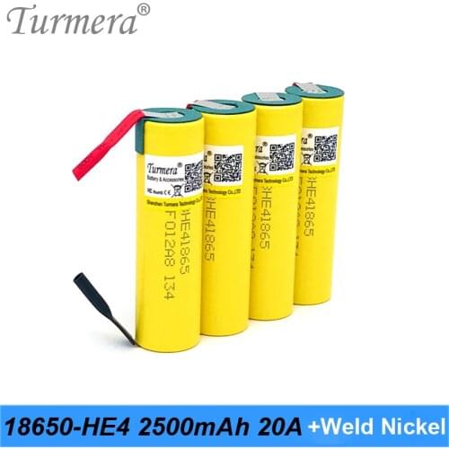 Turmera HE4 18650 2500mAh Battery 20A with Welding Nickel for 12V 14.4V 18V 20V 21V 25V Electric Drill Screwdriver Batteries Use