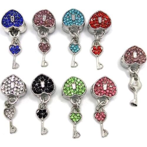Free shipping 2017 new 20pcs 10x29mm mix colo rhinestone big hole alloy beads lock and key shape fit European bracelet DIY