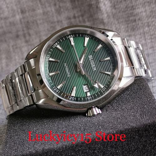 BLIGER Green Dress 24 Jewels NH35A Self Winding Men Wristwatch Flat Sapphire Crystal Steel Band Seeing Glass Back Date