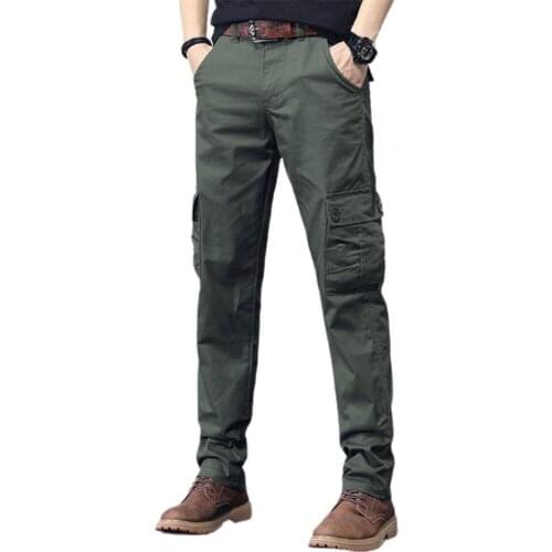 Pants Men Trousers Solid Color Multi Pockets Mid Rise Long Straight Cargo Pants Fitness Summer Casual Pants Mens Clothing 2021
