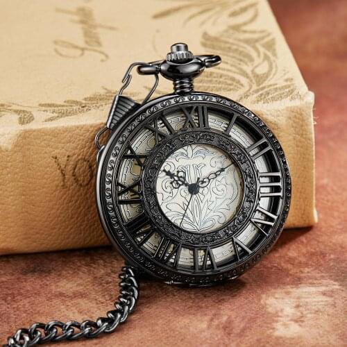 Retro Vintage Carved Exquisite Dial Mechanical Pocket Watch FOB Chain Luxury Hollow Black Roman Hand Wind Men Clock Pocket Watch