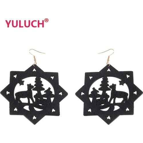 YULUCH Wooden Hexagonal Hollow Christmas Tree Elk Pendant Earrings for Fashion Womens National Jewelry Earrings Gifts