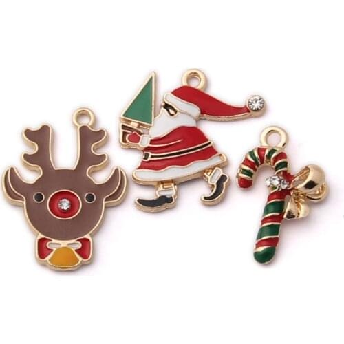 DIY Jewelry Findings Ornament Accessories Christmas Style Enamel Alloy Charms Gold Tone ZInc Alloy Necklace Pendants Deer Santa