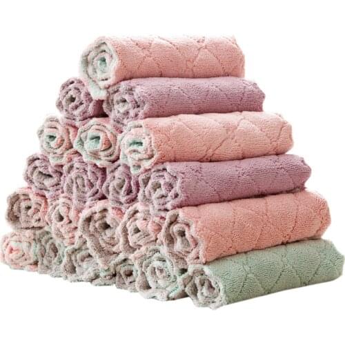 5 Pieces Double-sided coral fleece rag and hand towel composite absorbent hanging towel non-oily dishwashing towel Lazy rag