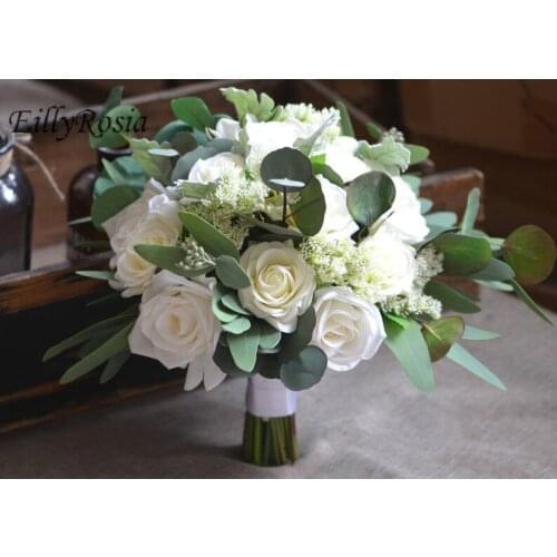 EillyRosia Natual White Green Country Wedding Bouquet Artificial Roses Eucalyptus Chrysanthemum Lace Flower Bride Bouquet