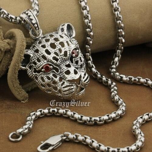 LINSION 925 Sterling Silver Red CZ Eyes Hollowed Leopard Biker Punk Pendant 8A036