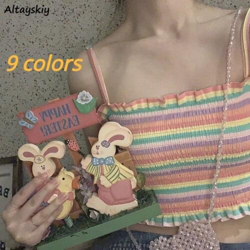 9 Colors Tanks Women Ruffles Striped Rainbow Korean Style Chic Trendy Popular Kawaii Teen Girl Ulzzang All-match Summer Crop Top