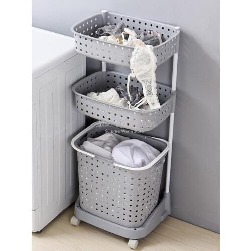 Nordic Multilayer Bathroom Laundry Basket Durable Plastic Dirty Clothes Basket Rack Seperate Storage Basket with Mute Wheels
