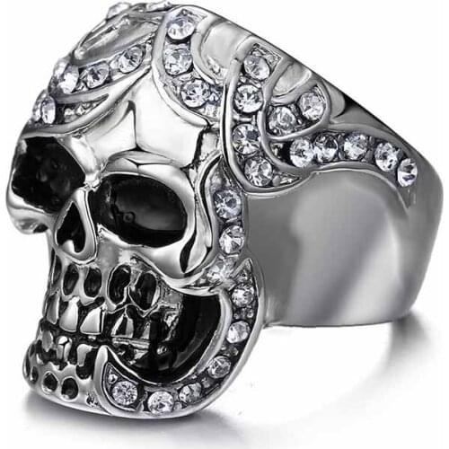 EAMIOR Individual Skull Ring Non-mainstream Index Finger Men Rhinestone Stainless Steel Ring Halloween Party Jewelry Accessory