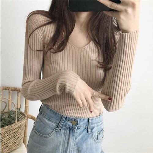 2021 New V-neck Sweaters Women Autumn Winter Knitted Pullover Long Sleeve Basic Sweater Women White Casual Pullovers Female
