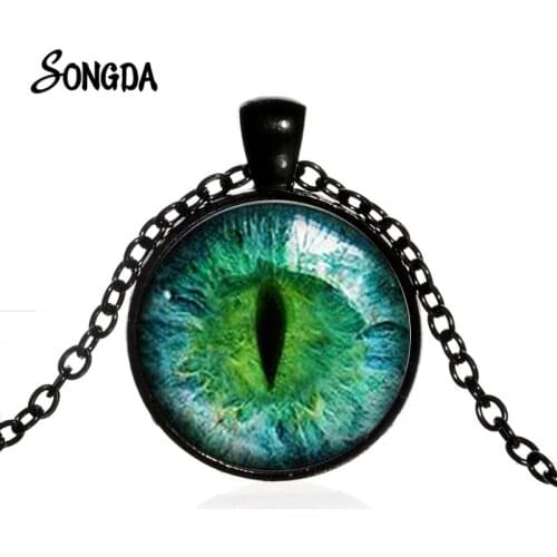 Punk Dragon Eyes Necklace Personality Evil Eye Photo Glass Cabochon Dome Pendant Link Chain for Men Women Gothic Jewelry