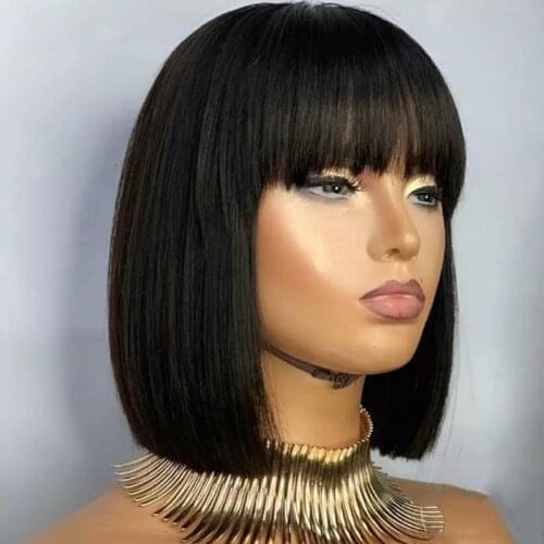 Short Bob Wig With Bangs Brazilian Straight Human Hair Wigs For Women Glueless Full Machine Made Cheap No Lace Wigs Full
