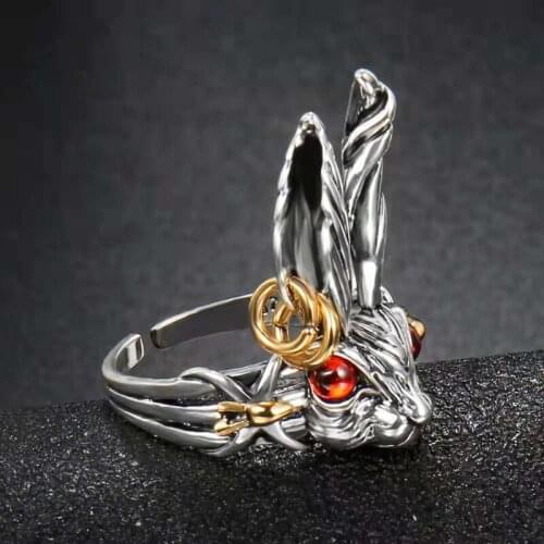 Q0KE Fashion Retro Big Ear Rabbit Jewelry Silver Color Rings Adjustable Opening Ring Red/Blue Eyes Rabbit Ring Wedding Gift