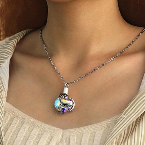 Rainbow Crystals Heart Cremation Urn Necklace for Ashes Heart Cremation Charm Pendant Memorial Keepsake Pendant Jewelry