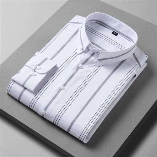 XXL-10XL Large Size Mens Striped Long-sleeved Shirt Classic Style Casual Business Loose Brand Shirt Male White Light Blue