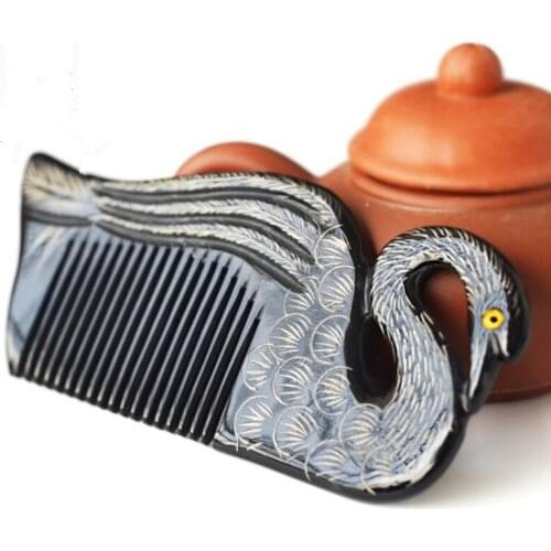 2pcs Black Swan Design Natural Buffalo horn Comb Wide Tooth No-static head Massage Hair Brush Health Hair Styling combs peine