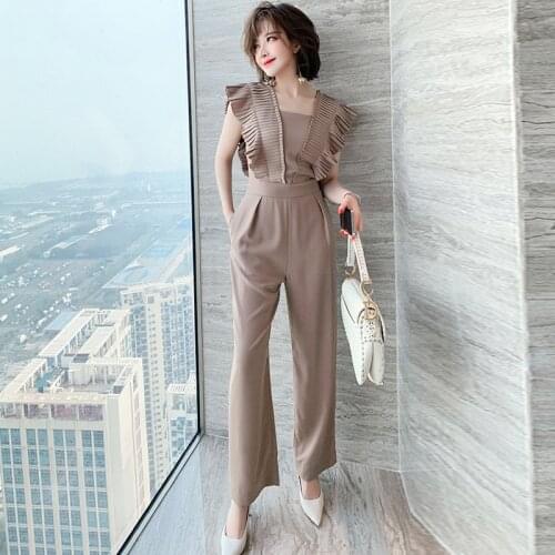 Stitching Ruffles Pleated Women High Waist Jumpsuits Elegant Straight Loose Plus Size Spring Autumn Female Wide Leg Jumpsuit