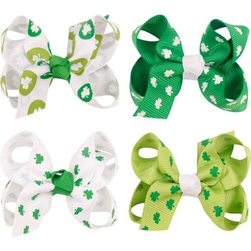 4 Pcs/lot St. Patricks Day Hairbows Shamrock Printed Hair Clips Ribbon Bowknot Hairgrips For Girls Party Hair Accessories