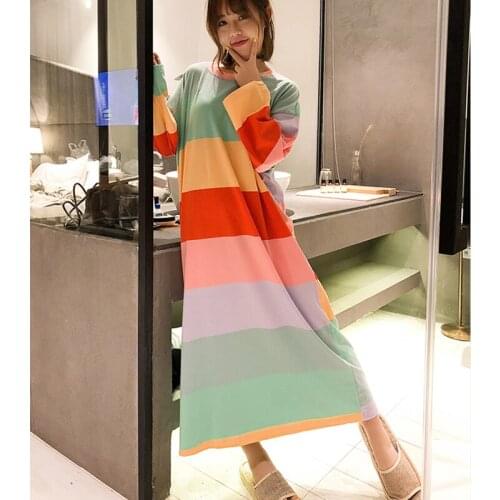 Rainbow striped nightdress female 2019 spring autumn cotton long-sleeved loose long skirt loose large size home service l63