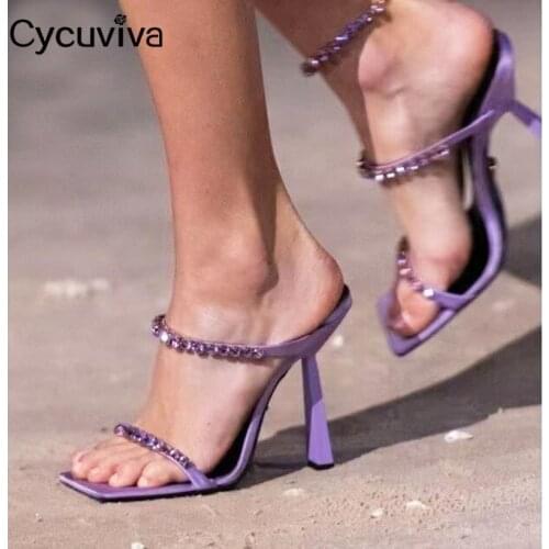 Sexy High Heel Crystal Women Slippers Ladies Dress Shoes Square Toe Designer Diamond Slides Runway Summer Gladiator Sandals 2021