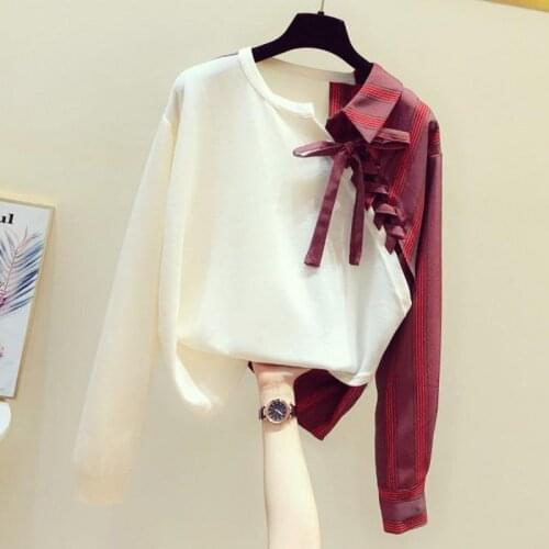 Sweater women 2020 spring new Korean style splicing irregular striped shirt casual long-sleeved top trend