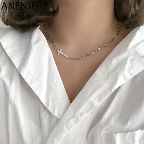 ANENJERY 925 Sterling Silver Simple Fashion Star Cross Necklace For Women Clavicle Chain Necklace Party Jewelry S-N626