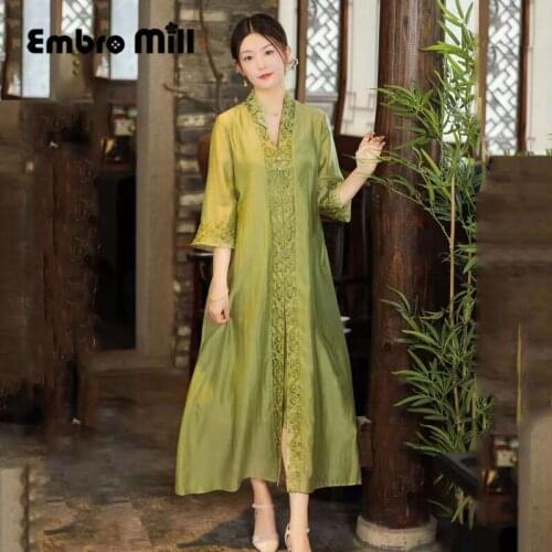 High Quality Two-Piece Woman Chinese Style Tencel Exquisite Embroidery V-Neck Three Quarter Sleeve Loose Waist Lady Coat S-XXL