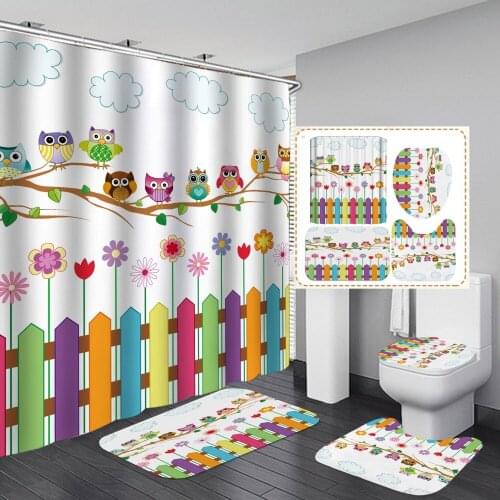 1/3/4pcs Owl Flower Cartoon Pattern Bathroom Mat Rug Set Non-Slip Quickly Dry Soft Bath Carpet Waterproof Shower Curtain Hooks