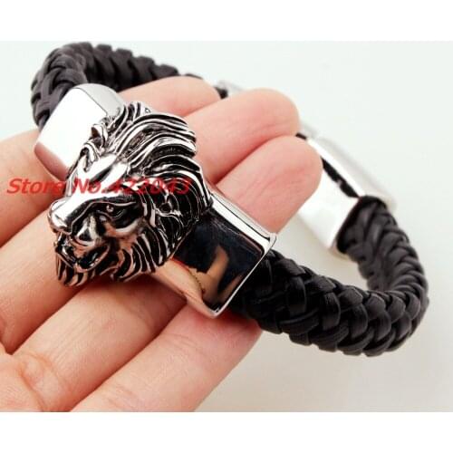 22cm *15mm Silver color Lion heads Bracelet Mens Genuine Black Leather Bracelets 316L Stainless Steel Bangle Jewelry Xmas Gift