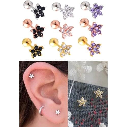 2pcs 316l Stainless Steel Tunnel Jewelry Black Pink Purple Cz Ear Studs Helix Lobe Piercing Gold Tragus Conch Cartilage Earring