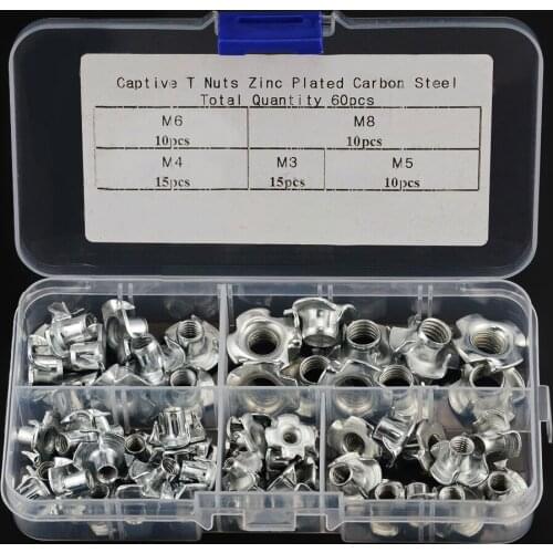 60PCS/Box M3 M4 M5 M6 M8 Carbon Steel Zinc Plate Galvanization Pronged Tee T nut Blind Nut Furniture Four Claws Nut