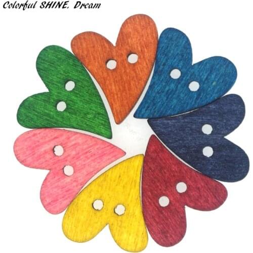 50PCs Wholesale Natural Wooden Buttons Heart Shape 7 Colors Mixed Scrapbooking Sewing Accessories DIY Craft 4 Holes 18*16.5mm