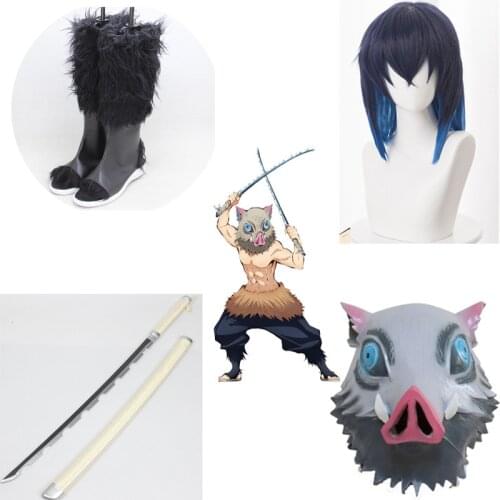 Anime Demon Assassin Kimetsu no Yaiba Hashibira Inosuke cosplay shoes custom made Wooden sword wig free delivery
