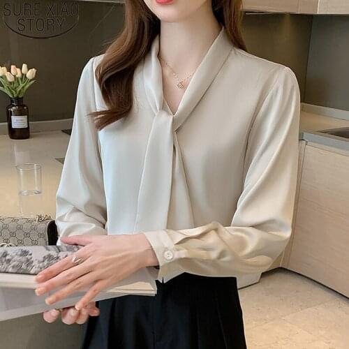 Women Long Sleeve Fashion Bow Tie Ribbon Tops 2021 New Office Lady Elegant Shirt Green Satin Blouse Clothes Blusa Mujer 16707