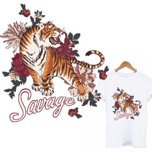 Flower Tiger Applique Patch Iron On Transfers Patches For Clothing Women T-shirt Thermo Stickers Flowers Stripe Ironing Sticker