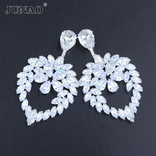 JUNAO 1Pc 50*90mm Sew On Clear White Cubic Zirconia Rhinestone Flower Brooch Flatback Silver Claw Zircon Crystal Applique Crafts