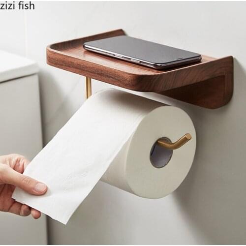 Natural Walnut Wood Tissue Holder Box Toilet Paper Roll Holder Brass Wall-mounted Paper Towel Holder Punch-free Bathroom Shelf