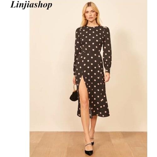 Linjiashop long dress women streetwear polka dot long sleeve hollow out loose midi dress ladies vestidos robe femme