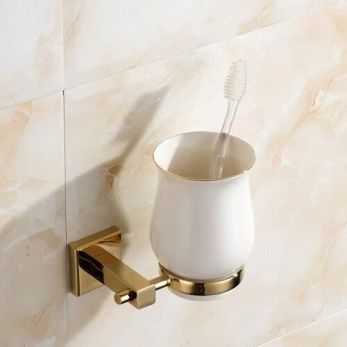 European Solid Brass Toothbrush Holder Polished Copper Golden Cup Holder With Ceramic Cup Wall Mount Bathroom Accessories G67