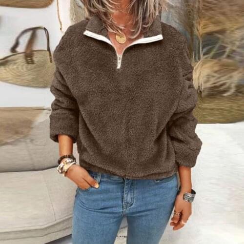 Fleece Pullover Sweatshirts Autumn Winter Warm Women Zipper Splicing Plush Long Sleeves Blouses Tops Female Ladies Hoodies