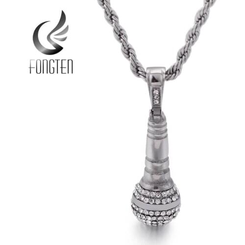 Fongten Zircon Stainless Steel Microphone Musical Hip Hop Charms Pendant Men